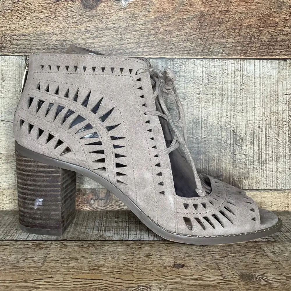 Vince Camuto Tarita Laser Cutout Lace Up Bootie Sandals Tan Suede SZ 7.5